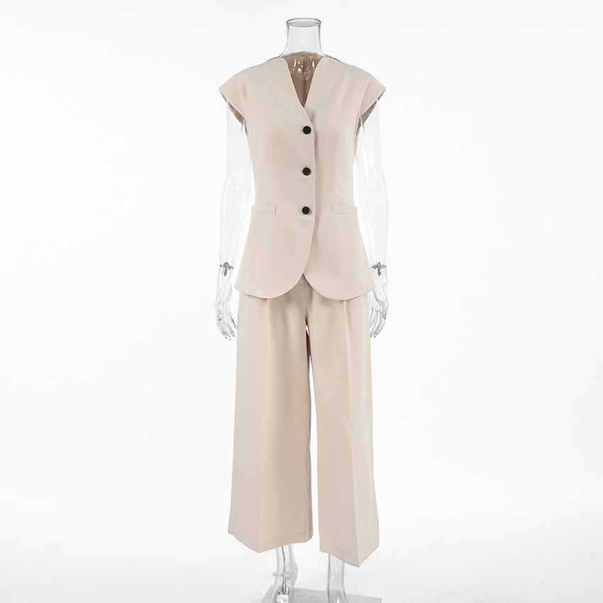Spring and Summer retro V-Neck Sleeveless Suit Long Pants Set