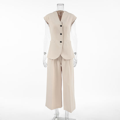 Spring and Summer retro V-Neck Sleeveless Suit Long Pants Set