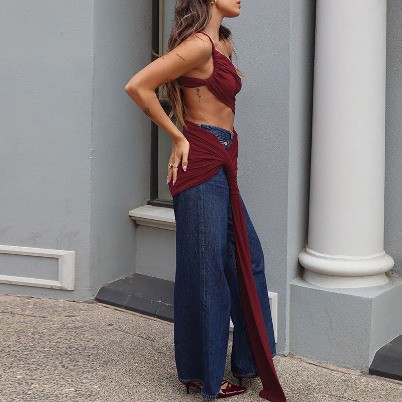 Spring and Summer One-Shoulder Tube Top Side Hollow Drawstring Ribbon Dress