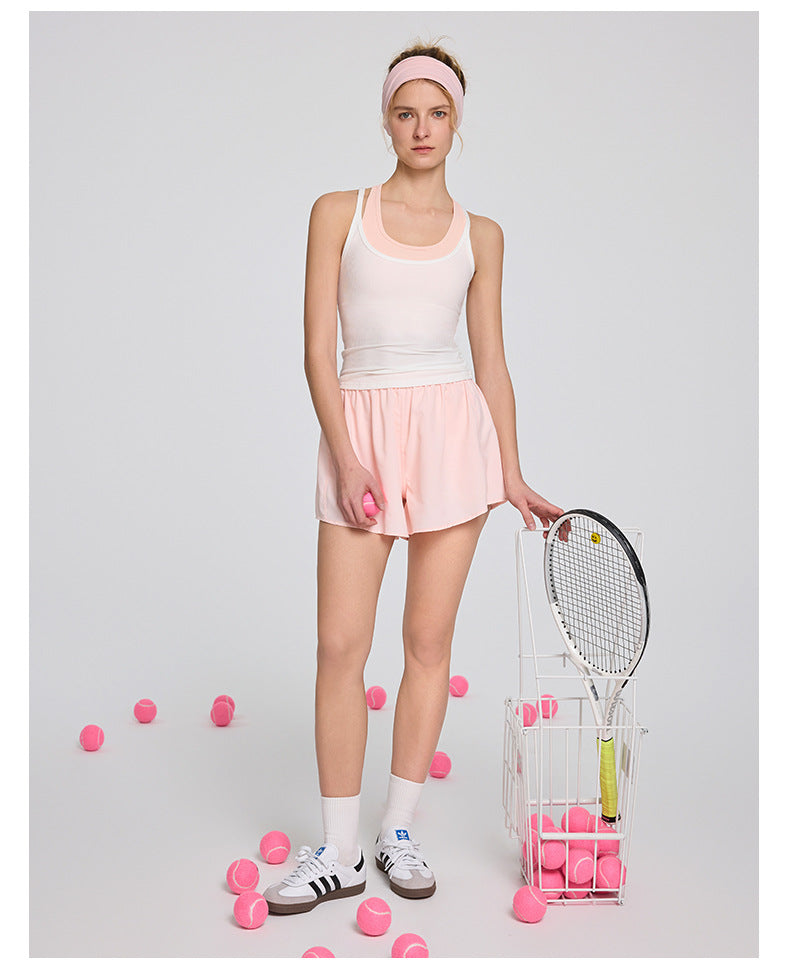 High-waisted Elastic Adjustable Fake Two-piece Sports Shorts