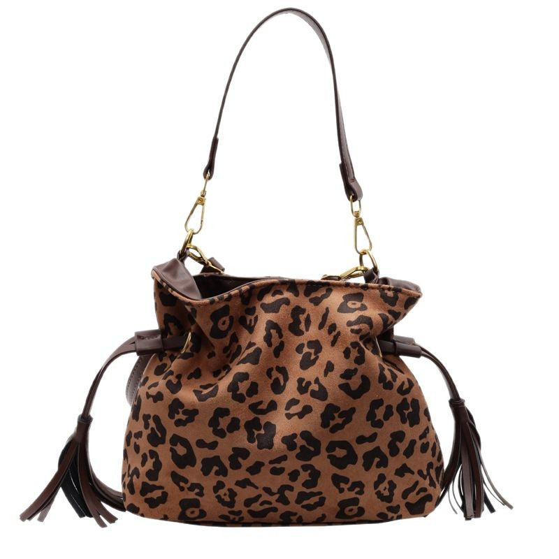 Retro Leopard Print Suede Drawstring Pleated Single Shoulder Handbag