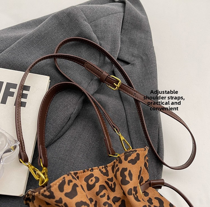 Retro Leopard Print Suede Drawstring Pleated Single Shoulder Handbag