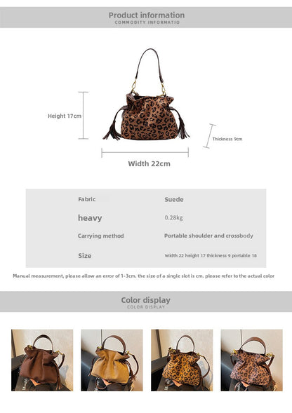 Retro Leopard Print Suede Drawstring Pleated Single Shoulder Handbag