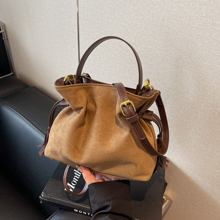 Retro Leopard Print Suede Drawstring Pleated Single Shoulder Handbag