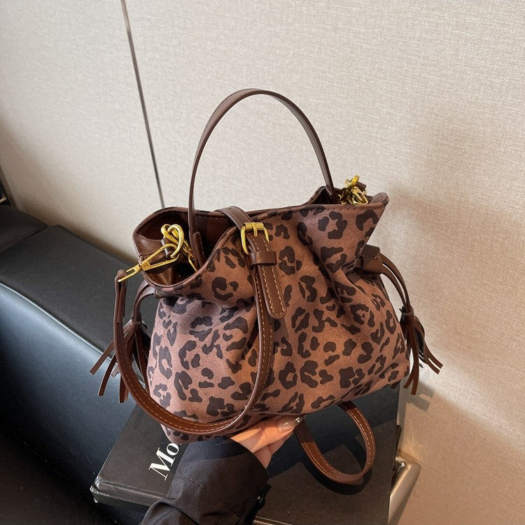 Retro Leopard Print Suede Drawstring Pleated Single Shoulder Handbag