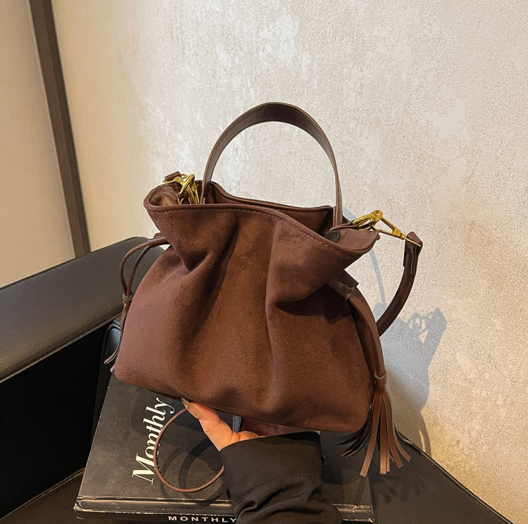 Retro Leopard Print Suede Drawstring Pleated Single Shoulder Handbag