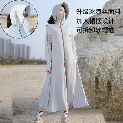 Summer Outdoor Hooded Casual Mid-Length Ice Silk Sunscreen Cardigan
