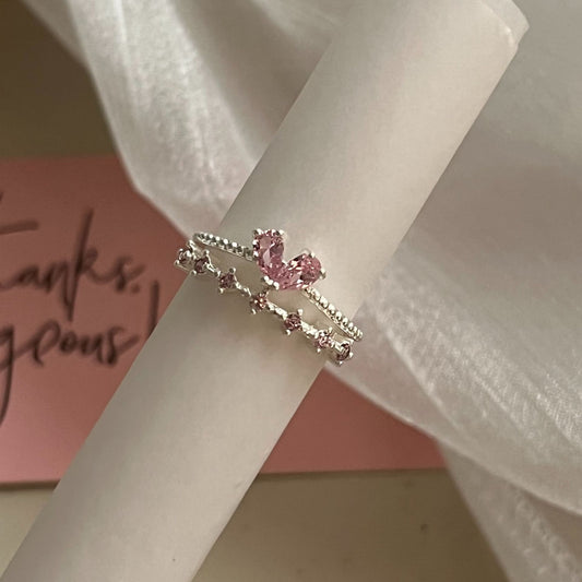 Pink Heart-Shaped Zircon Dual Layer Open-End Adjustable Ring