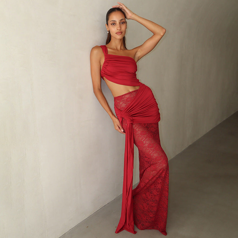 Spring and Summer One-Shoulder Tube Top Side Hollow Drawstring Ribbon Dress