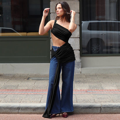 Spring and Summer One-Shoulder Tube Top Side Hollow Drawstring Ribbon Dress