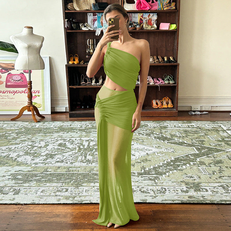 Spring and Summer One-Shoulder Tube Top Side Hollow Drawstring Ribbon Dress