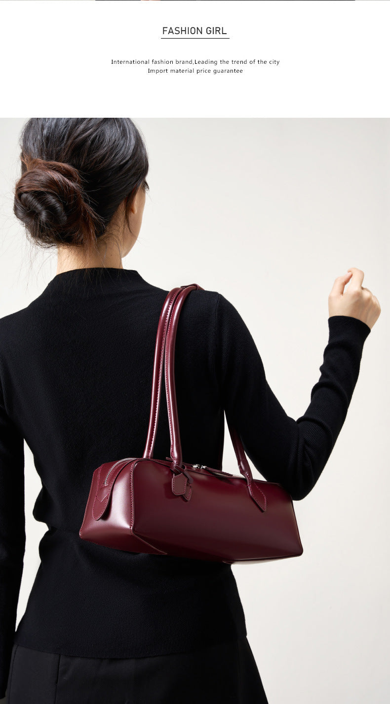 Single Shoulder Large Capacity Cowhide Underarm Red Baguette Bag