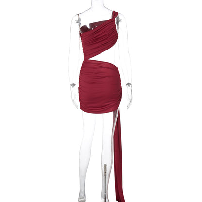 Spring and Summer One-Shoulder Tube Top Side Hollow Drawstring Ribbon Dress