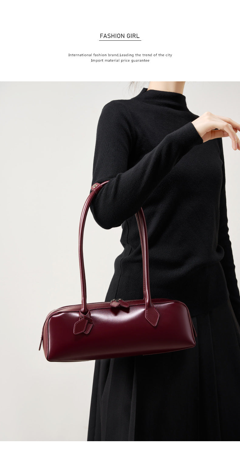 Single Shoulder Large Capacity Cowhide Underarm Red Baguette Bag