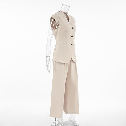 Spring and Summer retro V-Neck Sleeveless Suit Long Pants Set