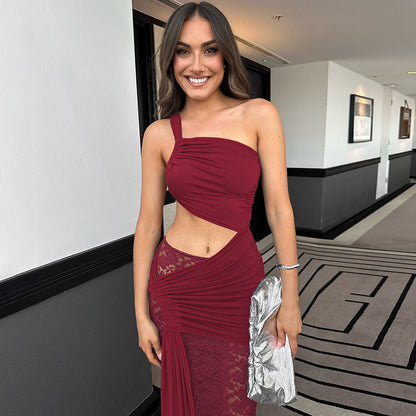 Spring and Summer One-Shoulder Tube Top Side Hollow Drawstring Ribbon Dress