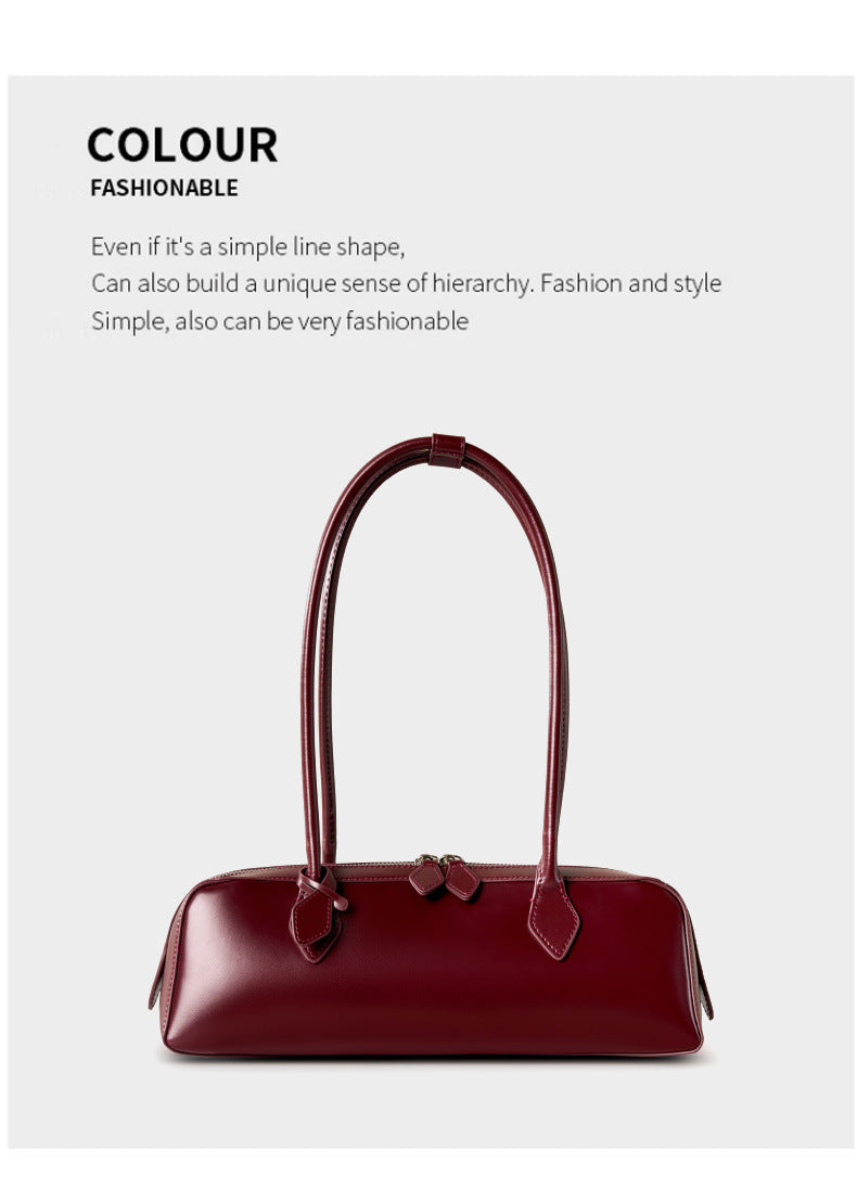 Single Shoulder Large Capacity Cowhide Underarm Red Baguette Bag
