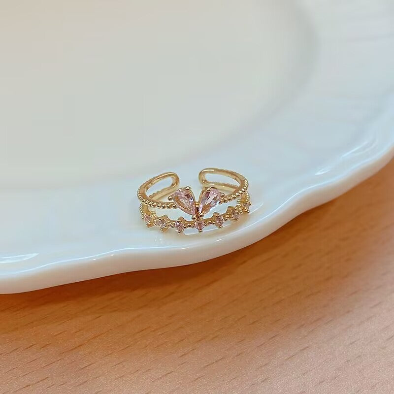 Pink Heart-Shaped Zircon Dual Layer Open-End Adjustable Ring
