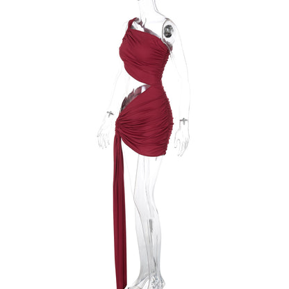 Spring and Summer One-Shoulder Tube Top Side Hollow Drawstring Ribbon Dress