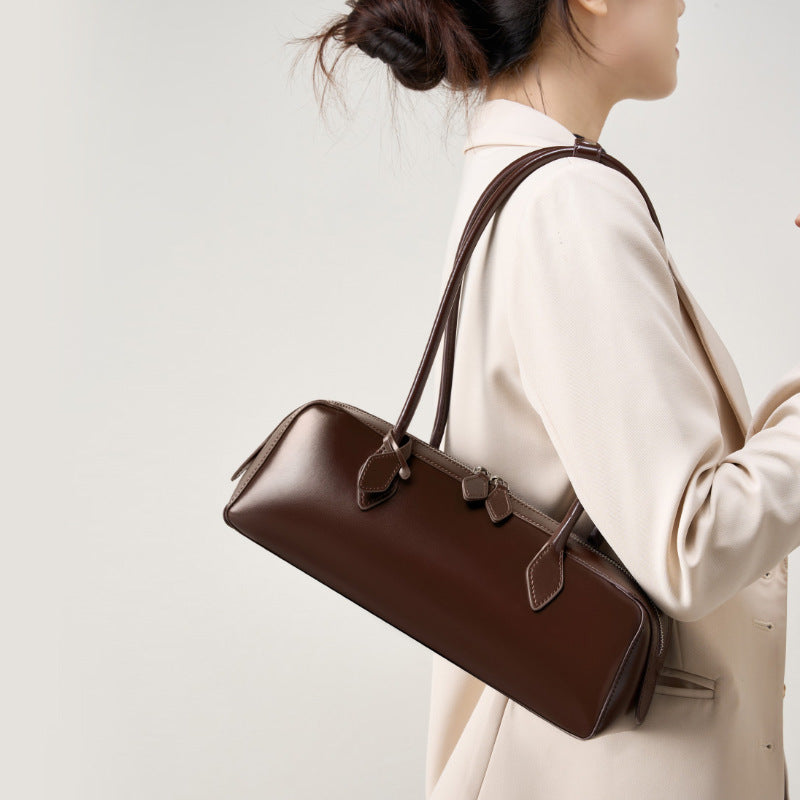 Single Shoulder Large Capacity Cowhide Underarm Red Baguette Bag