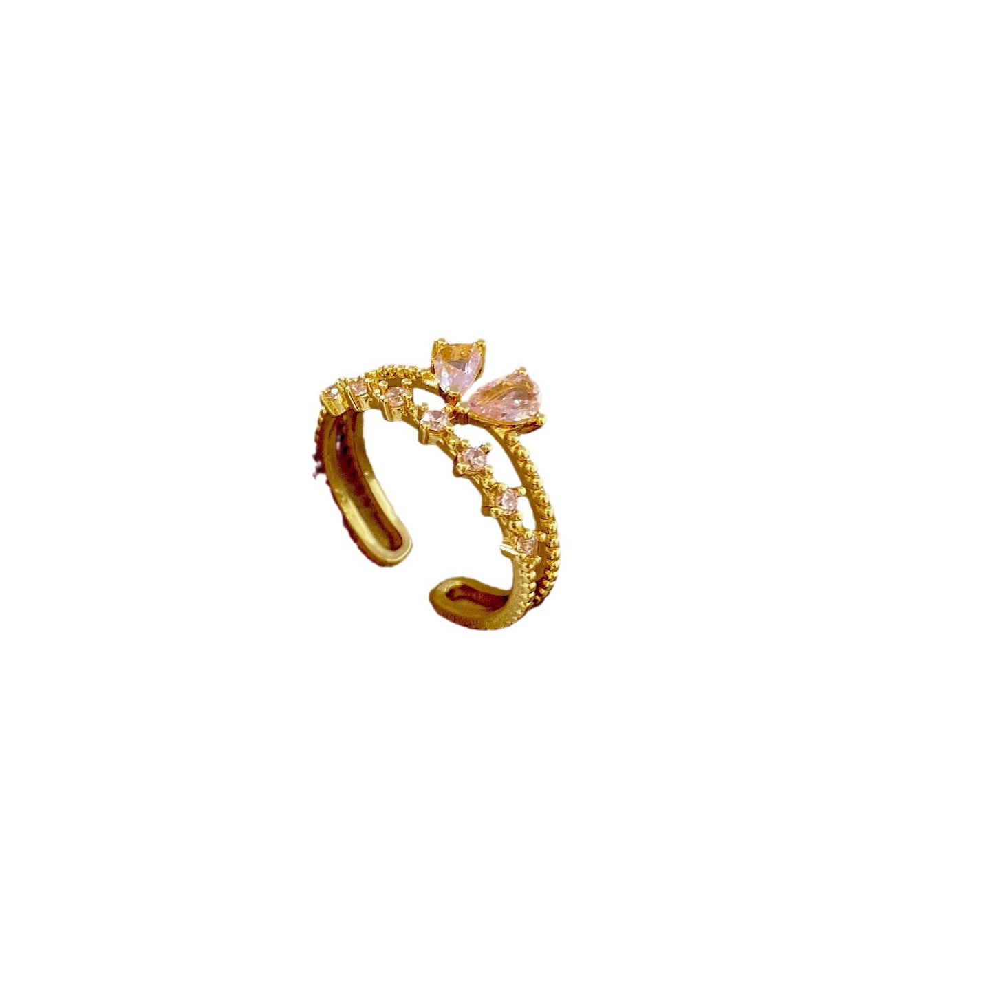 Pink Heart-Shaped Zircon Dual Layer Open-End Adjustable Ring