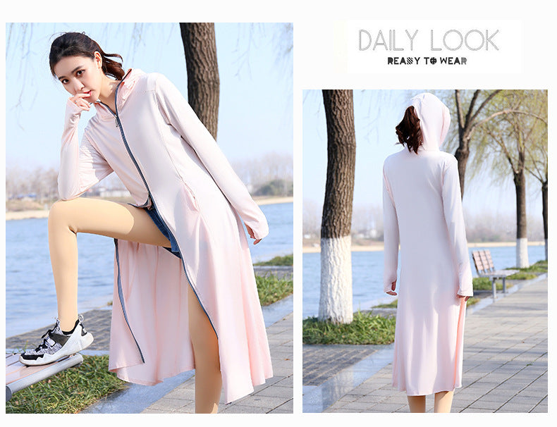 Summer Outdoor Hooded Casual Mid-Length Ice Silk Sunscreen Cardigan