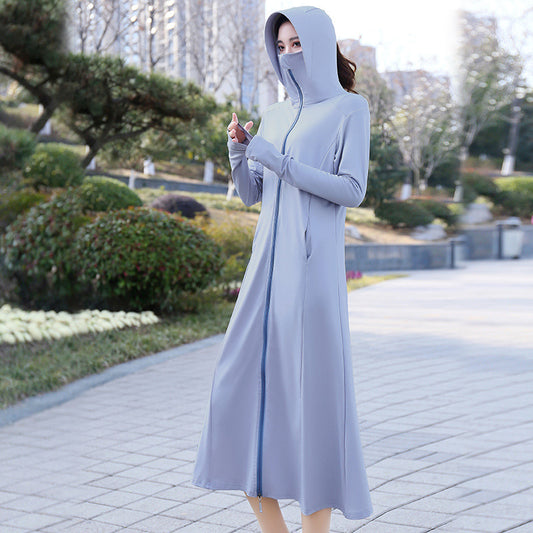 Summer Outdoor Hooded Casual Mid-Length Ice Silk Sunscreen Cardigan