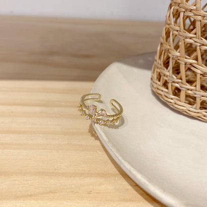 Pink Heart-Shaped Zircon Dual Layer Open-End Adjustable Ring