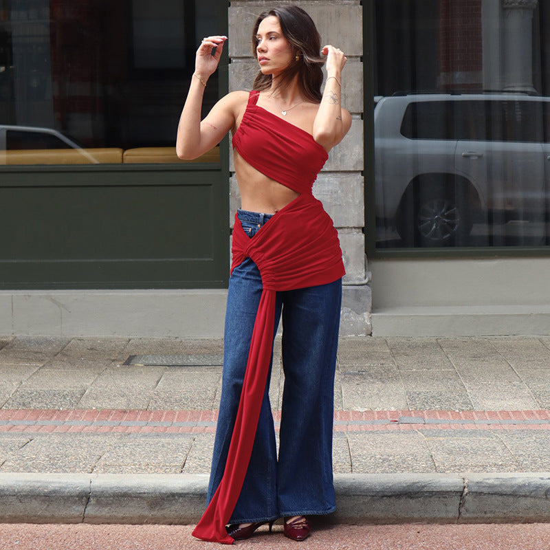 Spring and Summer One-Shoulder Tube Top Side Hollow Drawstring Ribbon Dress