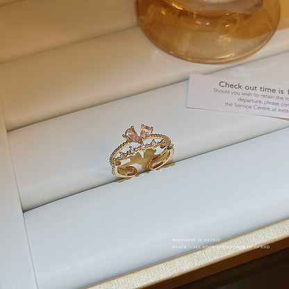 Pink Heart-Shaped Zircon Dual Layer Open-End Adjustable Ring