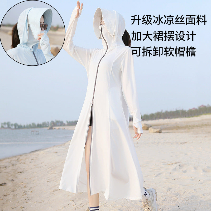Summer Outdoor Hooded Casual Mid-Length Ice Silk Sunscreen Cardigan