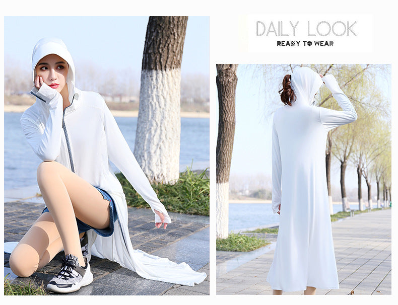 Summer Outdoor Hooded Casual Mid-Length Ice Silk Sunscreen Cardigan
