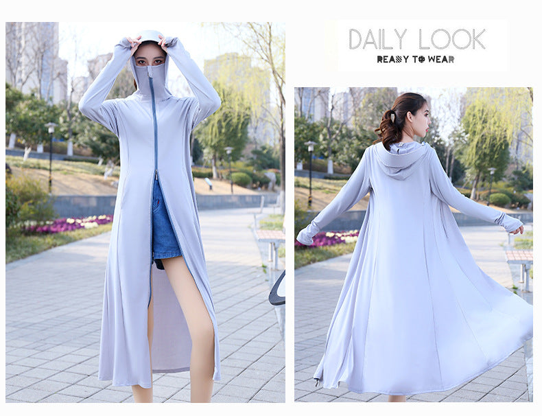 Summer Outdoor Hooded Casual Mid-Length Ice Silk Sunscreen Cardigan